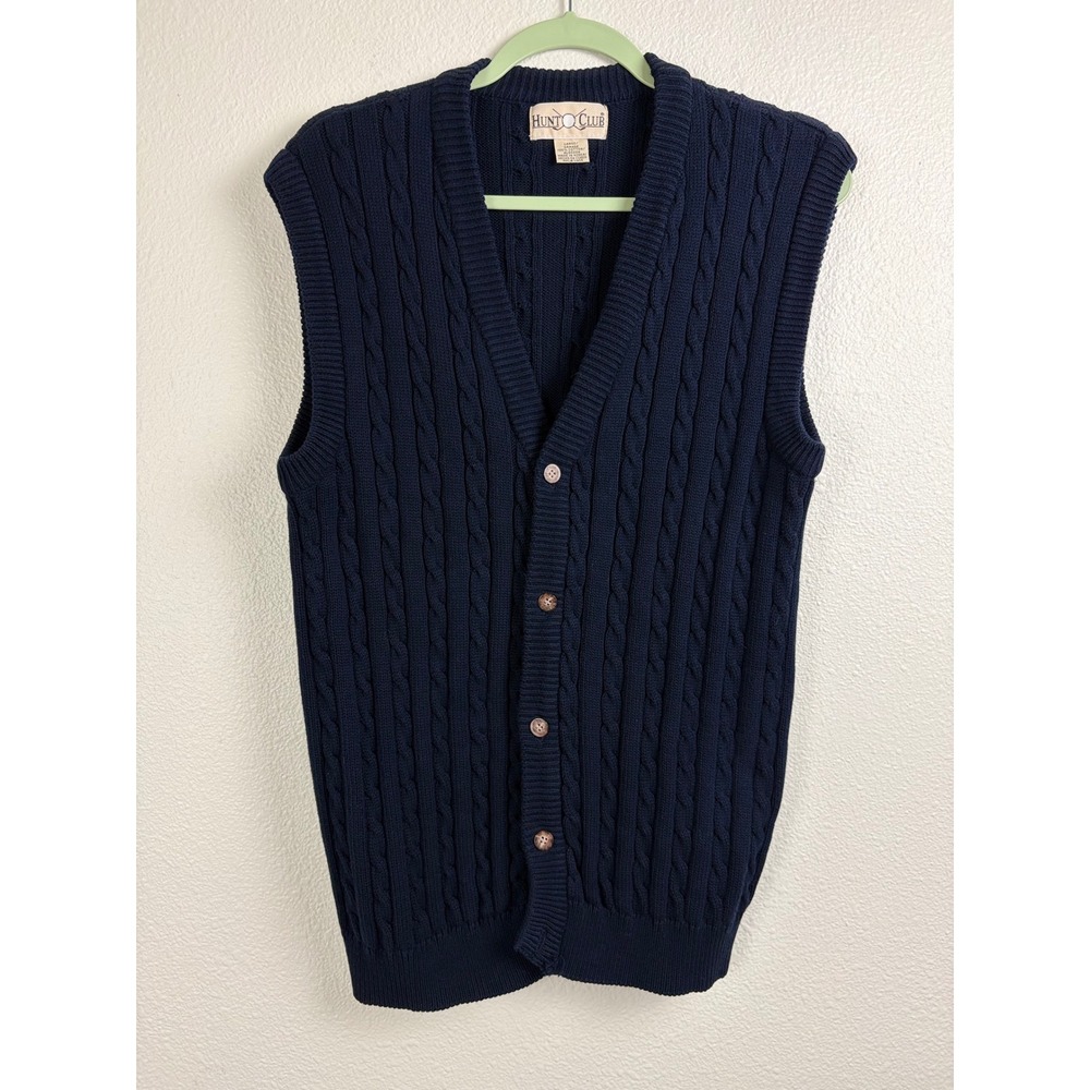Hunt Club Golf Sweater Vest Navy Blue Cable Knit Button Front Men's Large Preppy